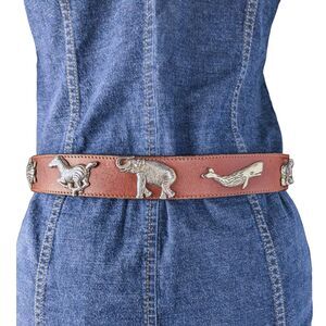 Vintage Zoo Animal Belt Womens 30 Brown Leather Turtle Elephant Tiger Zebra